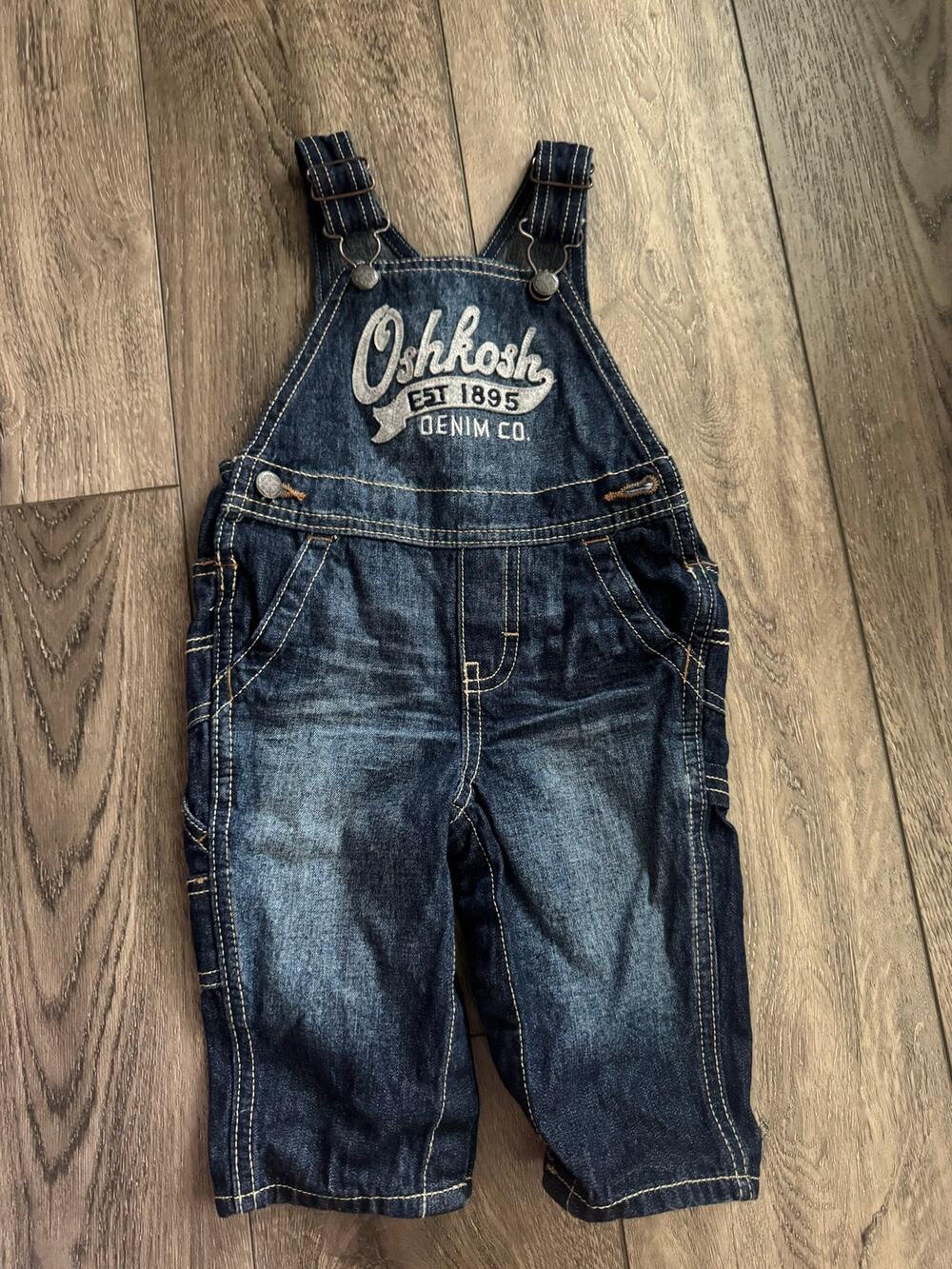 OshKosh B'gosh Baby Denim Overalls 9M Est 1895 Script Logo Graphic Dark Wash